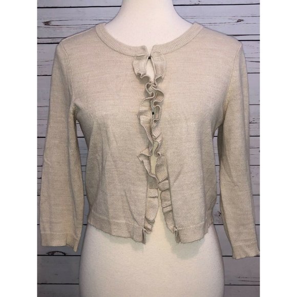 New‎ York and company Small crop 3/4 sleeve sweater Ruffle Front Beige Shrug - Picture 4 of 6
